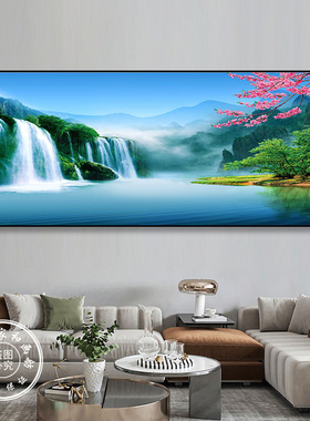 中式客厅沙发背景墙装饰画大气流水生财山水风景壁画单幅横版挂画