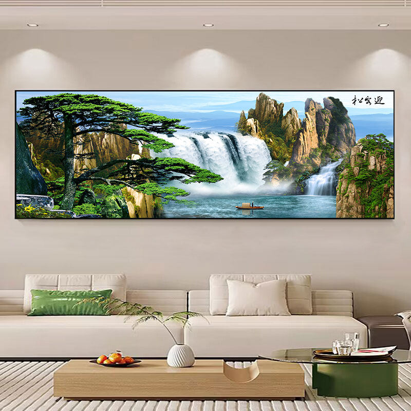 新中式山水风景装饰画客厅挂画有框瀑布松树画防褪色流水生财壁画