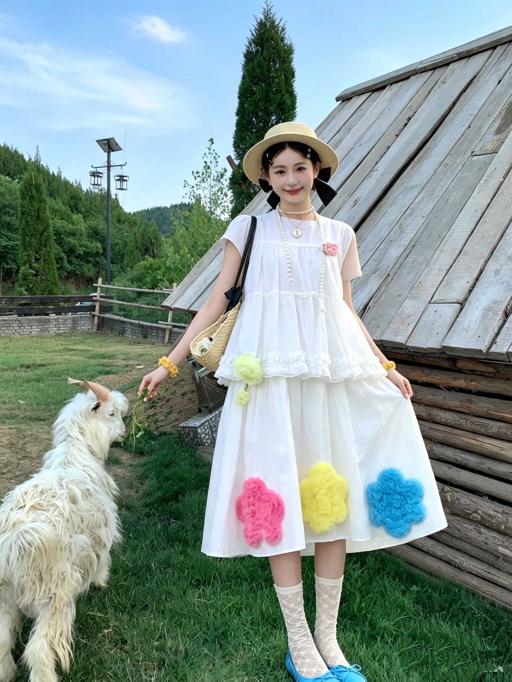 银河系美少女原创白色彩色花朵半身裙小众设计高腰显瘦中长款裙女