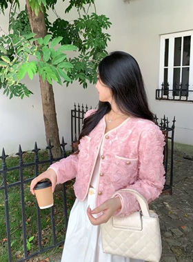 法式小香风名媛气质短款外套女2025年秋冬新款高级感立体花朵上衣