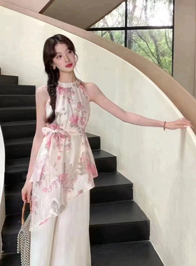 法式气质挂脖连衣裙海边度假风温柔超仙森系碎花长裙夏季