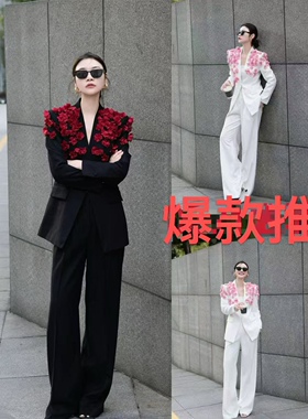 浪漫法式两件套女2025新重工立体玫瑰花设计v领西装+高腰直