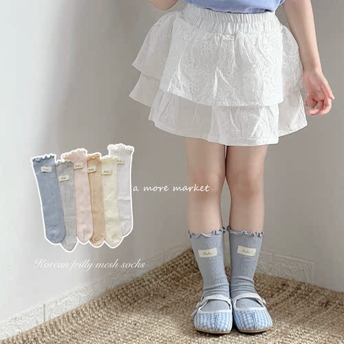 女童堆堆袜夏薄款韩系木耳边网眼袜棉袜儿童中筒袜透气宝宝小腿袜
