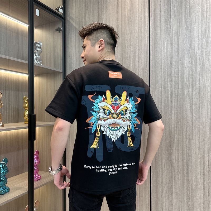 潮牌新款中国风龙头短袖t恤男士高级复古男装半袖本命年情侣上衣