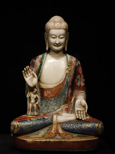北魏 汉白玉彩绘 佛像 高70cm 宽48cm 厚35cm
