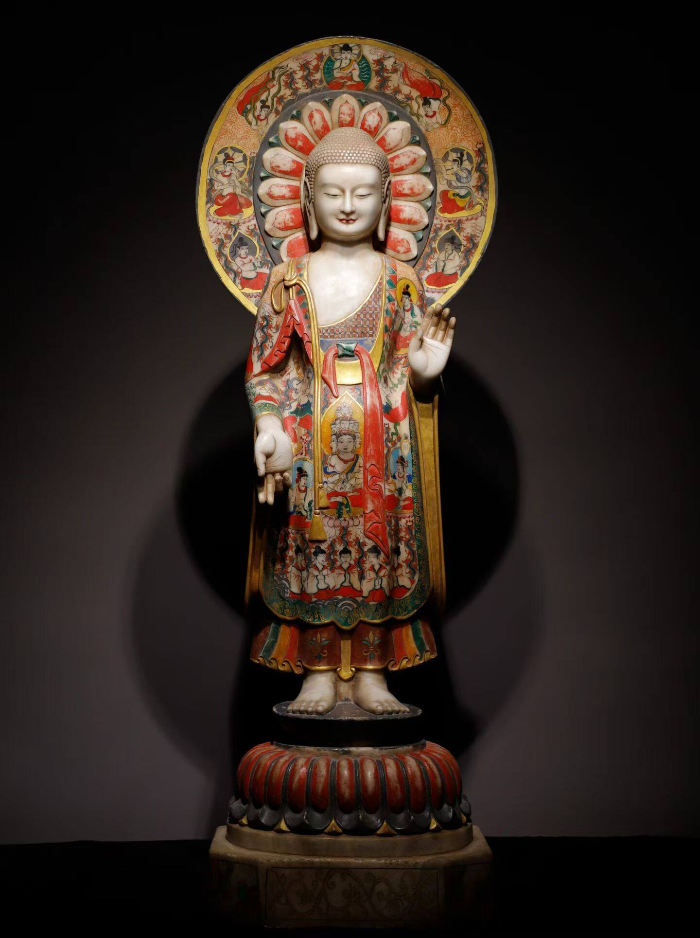 北齐 汉白玉彩绘 大佛 满彩绘佛像，法相庄严 高165cm 宽56cm厚35