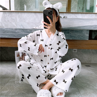 春秋大码睡衣女甜美可爱V领双层棉纱家居服胖mm200斤长袖长裤套装