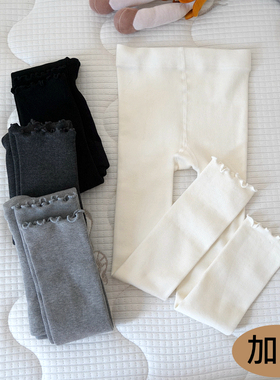 女童打底裤白色秋冬季加绒外穿袜裤不带袜儿童裤子紧身薄绒九分裤