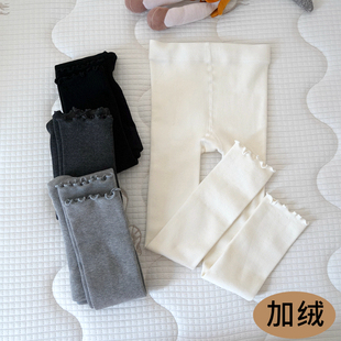 女童打底裤白色秋冬季加绒外穿袜裤不带袜儿童裤子紧身薄绒九分裤