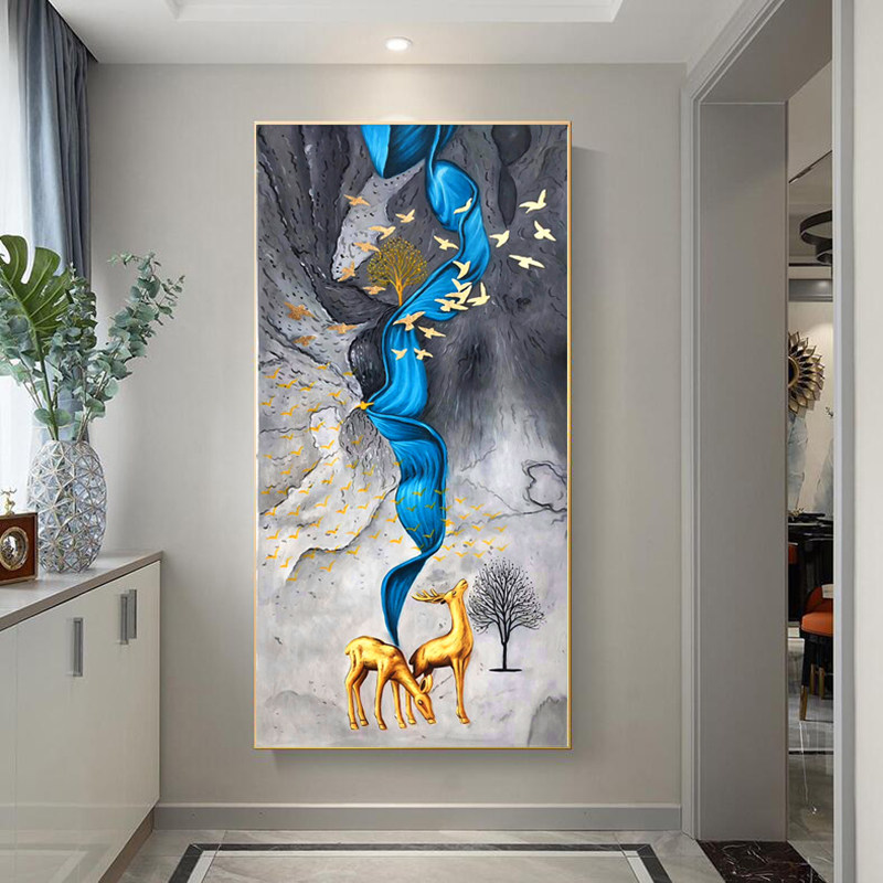 入户玄关装饰画手绘油画走廊过道壁画北欧现代简约客厅招财糜鹿画