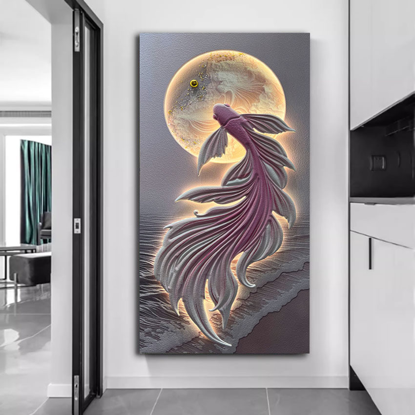 立体浮雕砂岩锦鲤鱼装饰画聚财奶油风入户玄关挂画客厅走廊带灯画