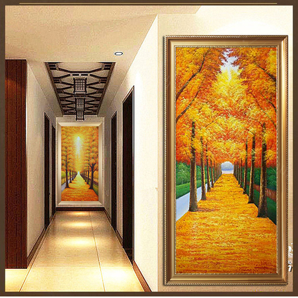 玄关装饰画手绘风景油画简约现代客厅走廊过道壁画发财树黄金大道