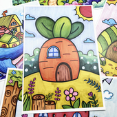 创意美术儿童画马克笔可爱小房子童话小屋建筑临摹卡初级涂色卡