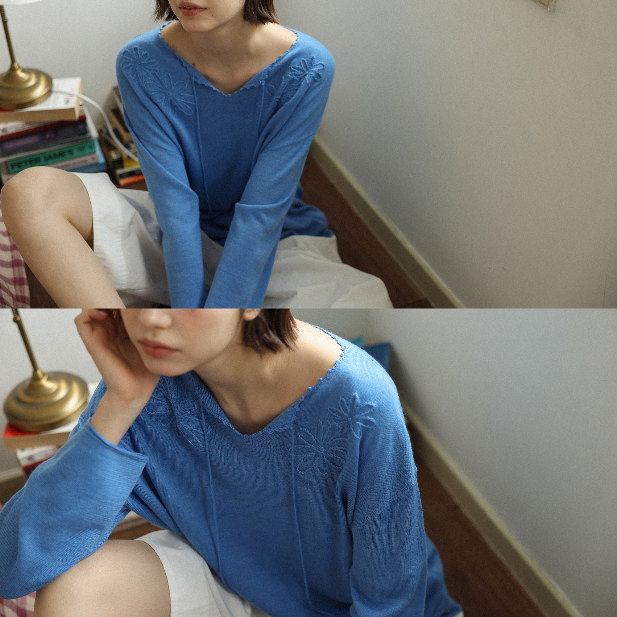 LLANO恒温花房 手工钩花针织罩衫复古法式松弛感长袖针织T恤女秋
