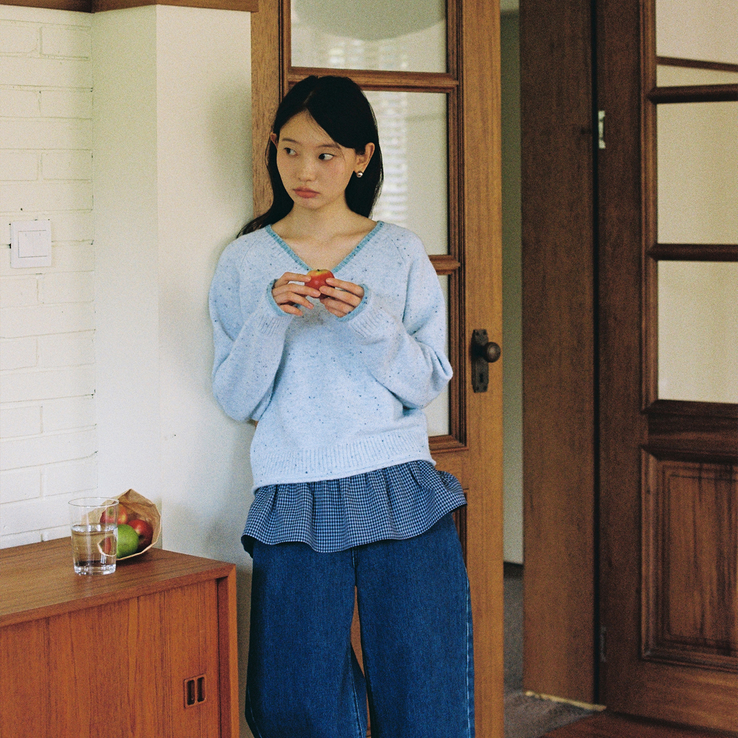 LLANO V领杂点套头针织打底毛衫针织毛衣复古法式上衣外套女秋冬