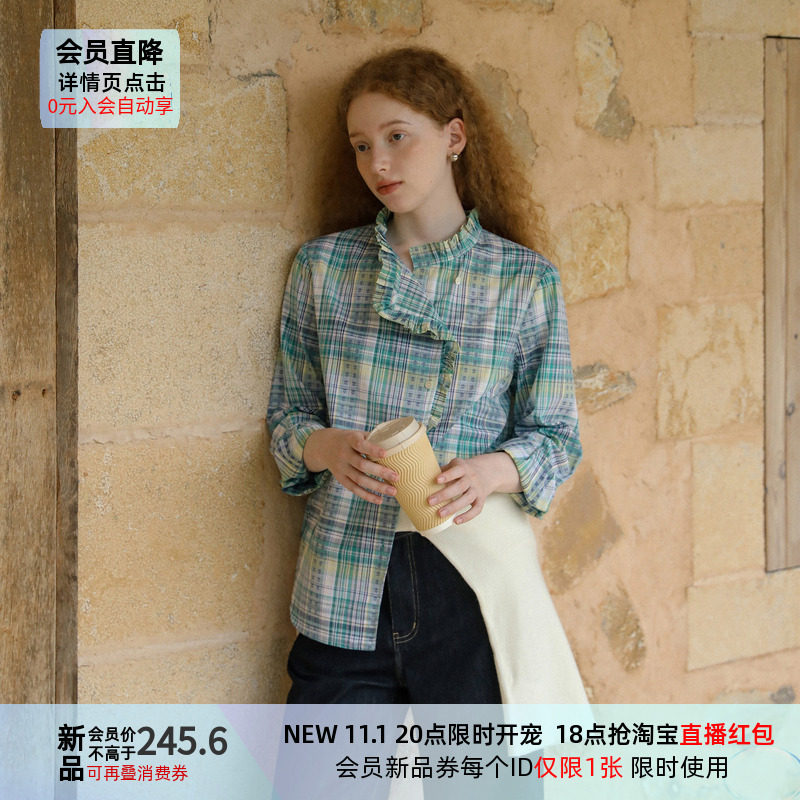 LLANO斜门襟木耳边格纹衬衫 11.1 20点新品开售 18点淘宝直播