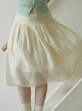 LLANO莱赛尔压褶花边透纱琴键中裙小个子过膝半裙小a裙子女夏季