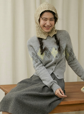 LLANO侧门襟菱格马海毛开衫外套复古英伦学院风气质上衣女秋冬季