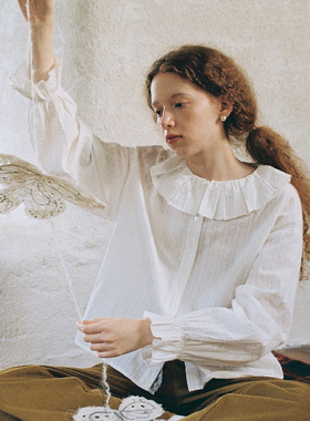 LLANO法式蕾丝间条衬衫复古甜美轻宫廷风宽松外搭上衣衬衣女春秋