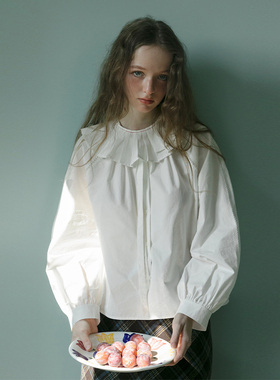 LLANO镂空绑带白衬衫送假领复古甜美法式宽松外搭上衣衬衣女秋季