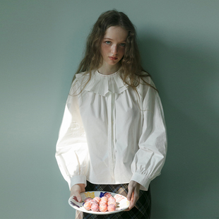 LLANO镂空绑带白衬衫送假领复古甜美法式宽松外搭上衣衬衣女秋季