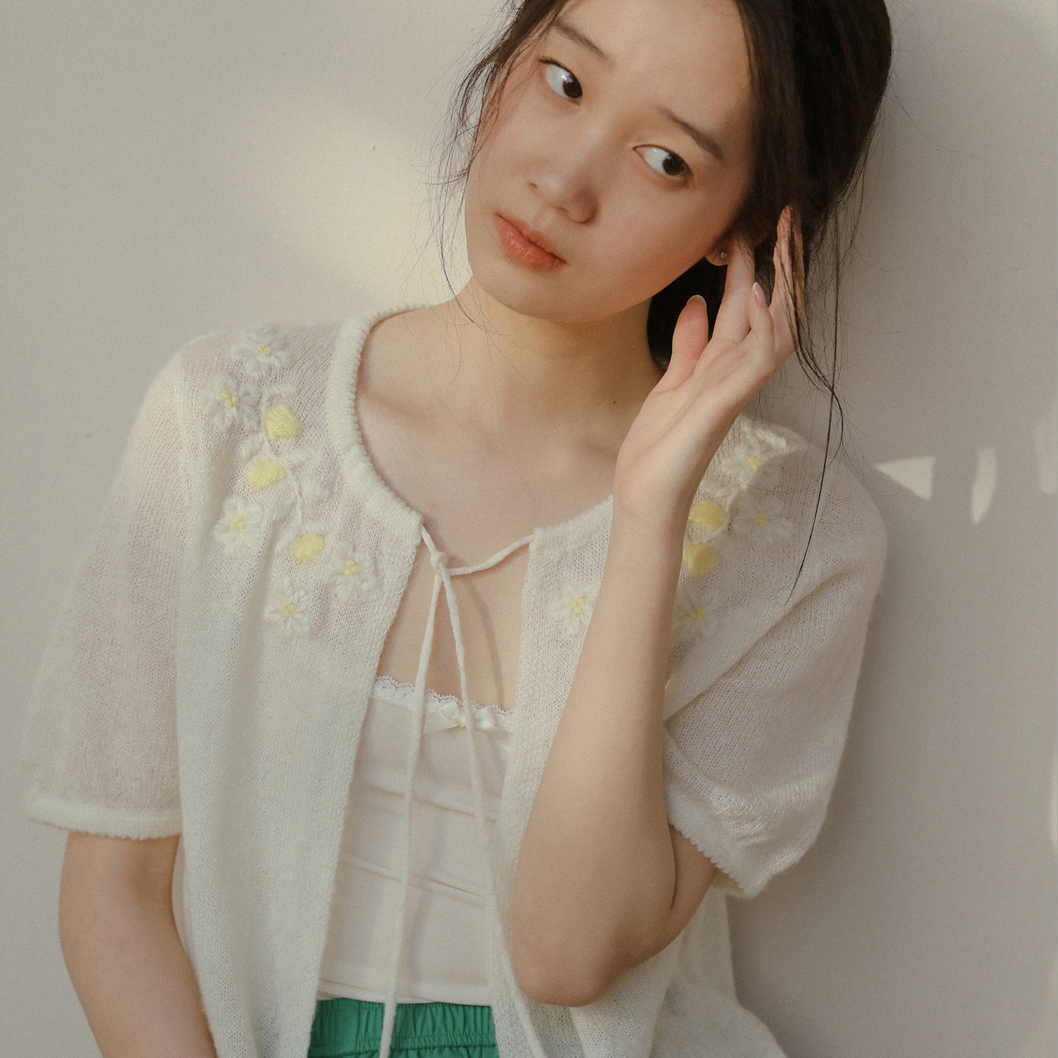LLANO钩花系带短袖针织开衫
