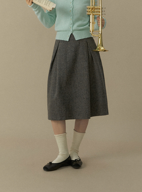 LLANO彩点94羊毛花苞半裙复古法式优雅气质半身裙过膝款女秋冬季