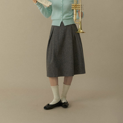 LLANO彩点94羊毛花苞半裙复古法式优雅气质半身裙过膝款女秋冬季