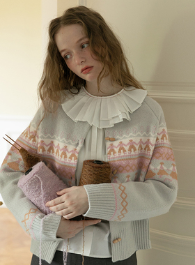 LLANO费尔岛跳舞小人针织开衫北欧复古温柔风毛衣上衣外套女秋冬