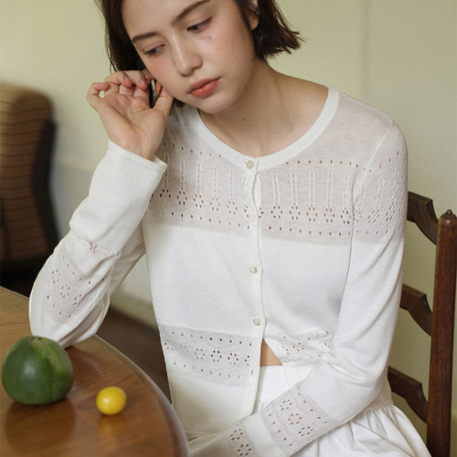 LLANO旷野的呼吸 镂空微透长袖针织开衫复古法式薄毛衣上衣女夏秋