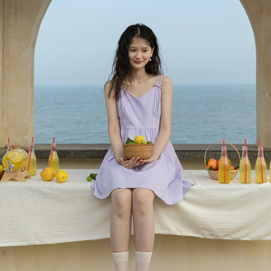 LLANO蝴蝶结吊带连衣裙淡紫色复古法式假日短款性感背带裙夏季女