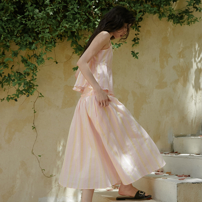 条纹碎褶大摆半身裙复古浪漫