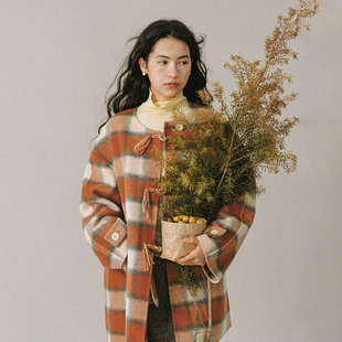 LLANO手编绳格纹双面呢大衣复古英伦50毛呢中长款 厚外套女春冬季
