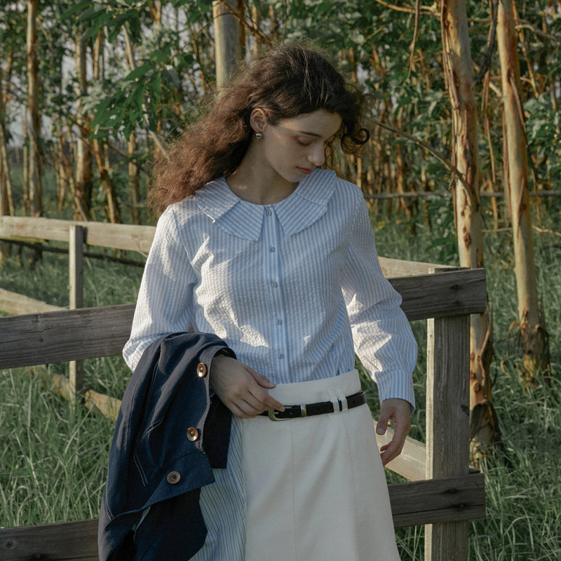 LLANO花瓣领古典浪漫条纹衬衫气质通勤复古外搭上衣衬衣女夏春季