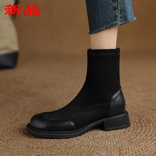 跟 马丁一短靴拼接大码 时尚 41冬季 粗宽脚靴女加绒43瘦瘦靴胖脚女鞋