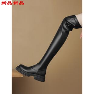 秋冬41厚底43跟大码 圆头拉链中长靴3334一弹力女粗跟过膝长筒靴