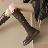大码 靴高筒靴4341女百搭不过显瘦 长筒靴真皮圆头女靴膝骑士厚底