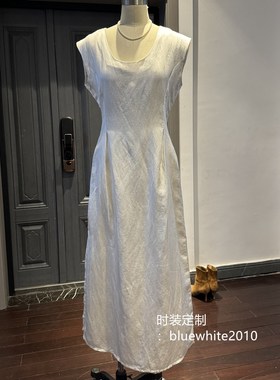 U领真丝无袖白色长款连衣裙  光泽真丝麻白月光裙子 度假