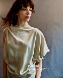 定制 慵懒贵气皱褶荡漾宽松真丝连衣裙  桑蚕丝淡绿色裙子