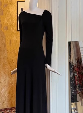 定制优雅绝美黑色羊毛长款轻礼服裙  斜领长袖收腰连衣裙 度假