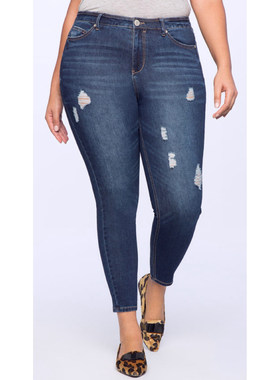 胖mm高腰大码弹力牛仔小脚裤女水洗磨破腰围3尺2-3尺5深蓝色260斤