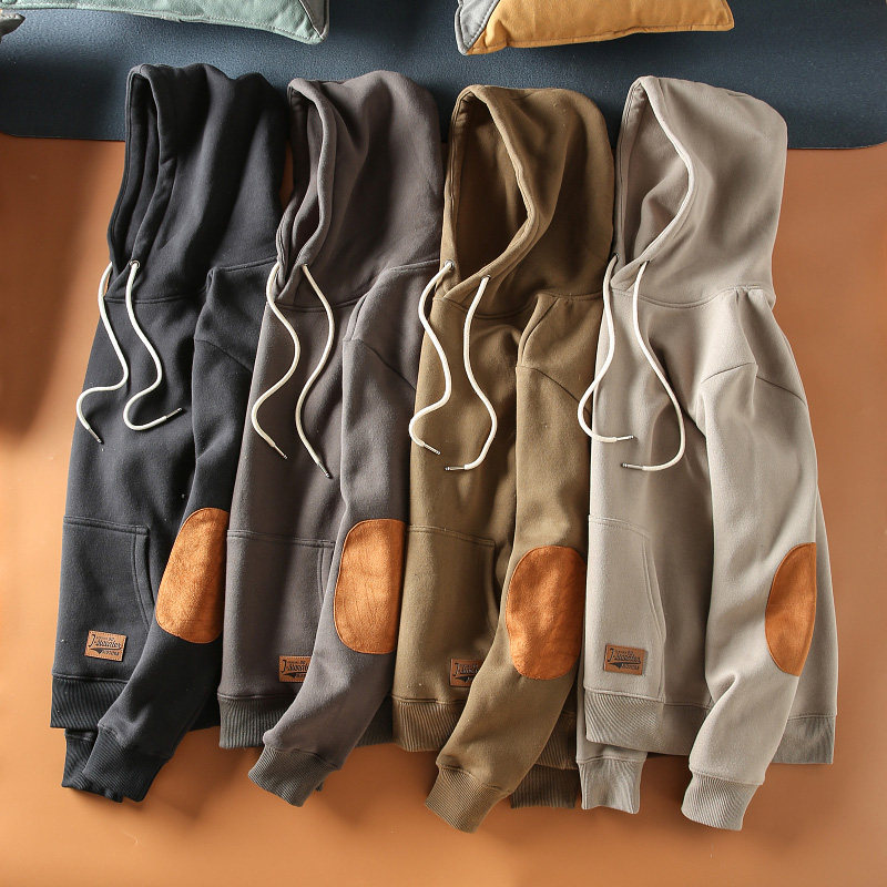 秋冬新款美式休闲袖子贴布男士拉绒内里纯色连帽套头保暖卫衣外套,男装,卫衣,淘宝优惠券,粉丝福利购,淘宝优惠卷