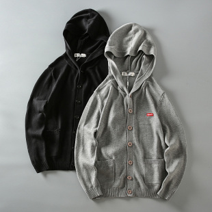 简约休闲百搭情侣连帽单排扣毛衣针织开衫 男女同款 外套潮 新款 春季