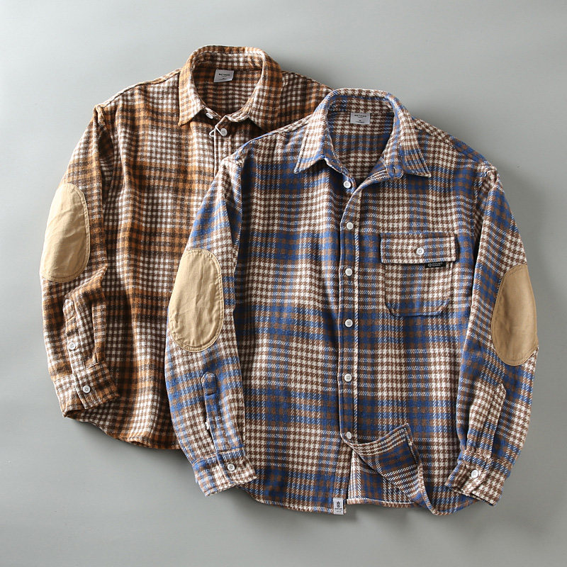 春秋新款 个性袖肘贴布经典格纹男士宽松阔版格子休闲衬衫外套潮,男装,衬衫,淘宝优惠券,粉丝福利购,淘宝优惠卷