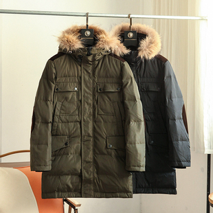 新款 连帽貉子毛领时尚 袖 中长款 休闲保暖羽绒服外套 子补丁男士 冬季