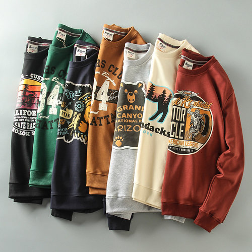 美式休闲复古印花圆领套头卫衣潮