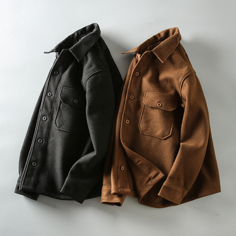 福利款美式休闲工装口袋绵羊毛混纺春秋男士翻领休闲毛呢夹克外套