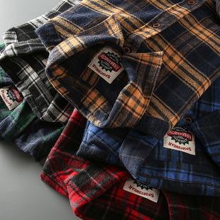 格子衬衫 长袖 衬衣外套潮 阿美咔叽日系复古纯棉水洗磨毛男士 春秋季