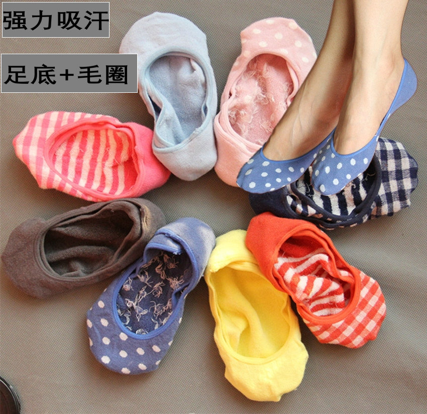 超强吸汗加厚纯棉毛圈糖果色豆豆鞋隐形条纹船袜可爱圆点春夏袜套