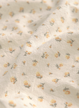 森系橘黄小花洗水棉麻布料 连衣裙衬衫童装娃衣服装窗帘手作面料